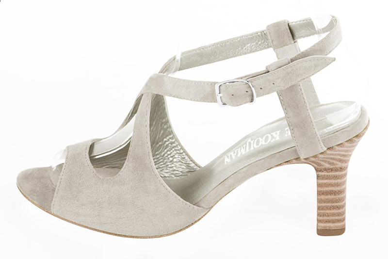 Off white women's open back sandals, with crossed straps. Round toe. High kitten heels. Profile view - Florence KOOIJMAN